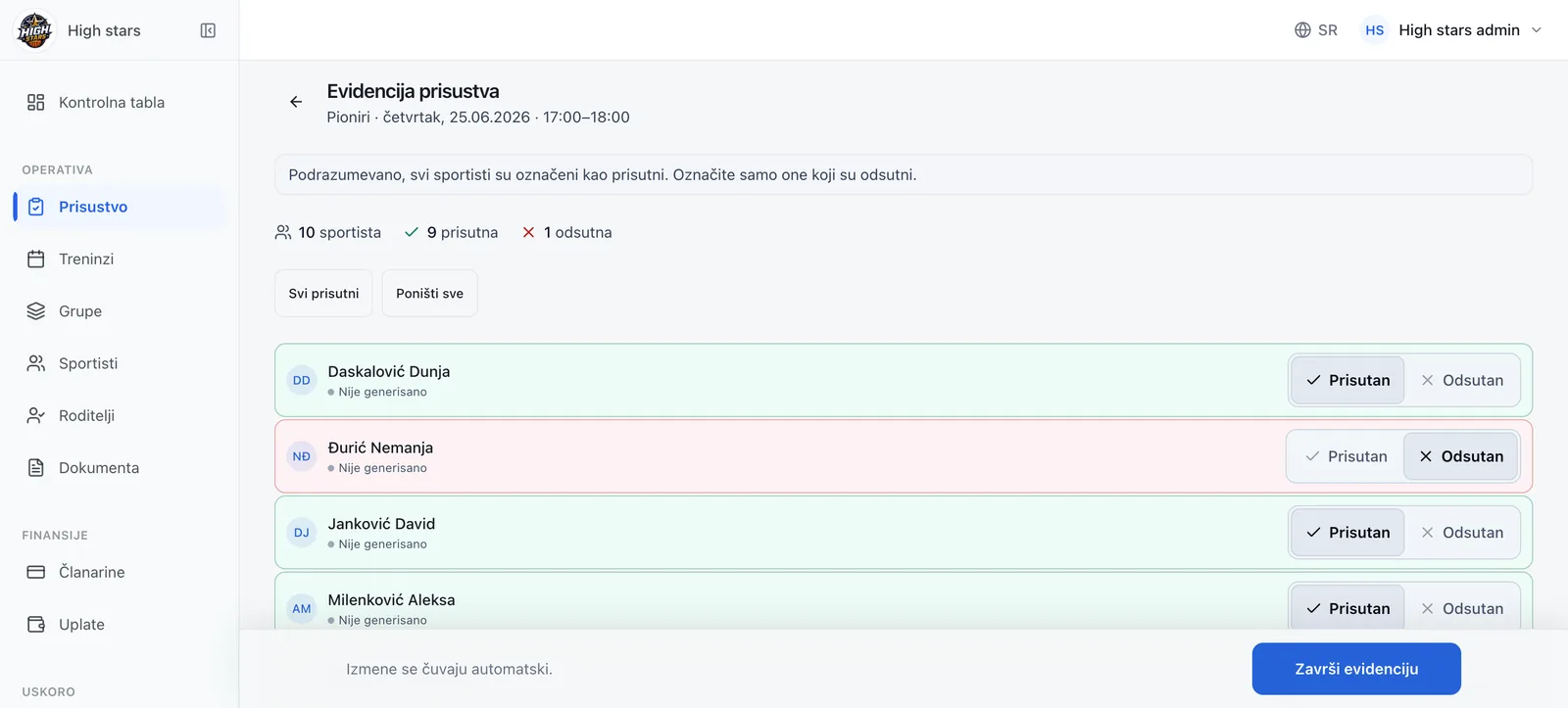 Prikaz ekrana za evidenciju prisustva u VodimKlubu